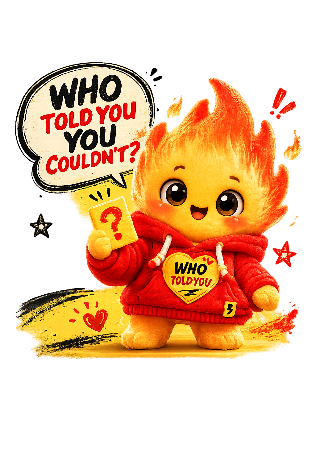 Amba — flame mascot in a red hoodie with a 'who told you?' heart badge
